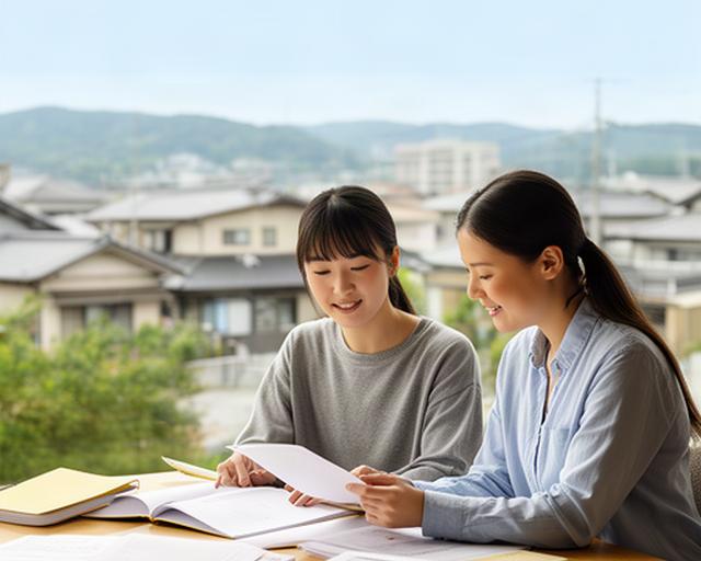 千葉県の落ち着いた町並みを背景に、留学資料を広げて進学計画を相談する学生と担当者