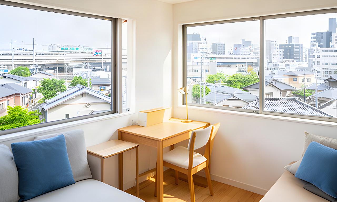 日本の学生向け賃貸住宅の明るい室内で、窓辺から街並みと駅周辺を眺める様子