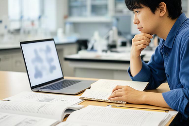 研究室の机で論文とノートを広げ、日本の大学院進学に向けた研究テーマを整理する留学生