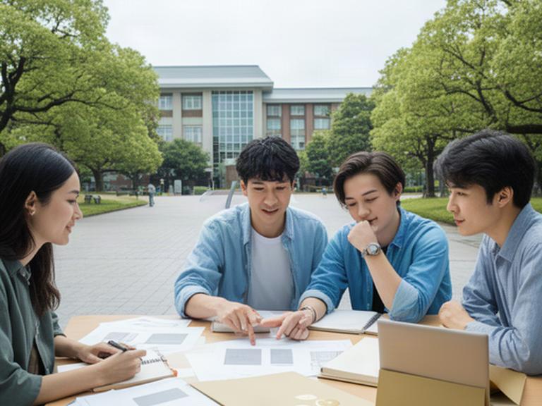 日本の大学キャンパスで、留学準備の書類とノートを広げて進学計画を相談する学生たち