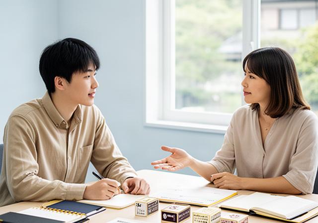 窓辺の机で留学資料を広げ、日本の進学先を相談する学生とアドバイザー