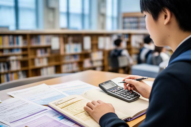 日本の大学図書館でノートと学費資料を並べ、進学費用を確認する留学生