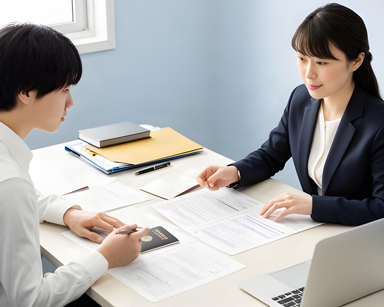 日本語学校の相談机で留学生がパスポートと入学書類を広げ、担当者と申請内容を確認している様子