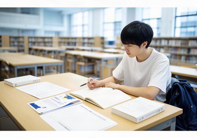 日本の大学図書館で募集要項とノートを広げ、出願書類を確認する留学生