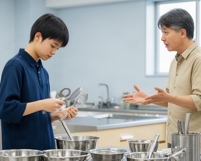 日本の専門学校の実習室で、留学生が講師の説明を聞きながら調理器具を確認している様子